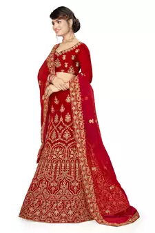 Red embroidered velvet semi stitched lehenga