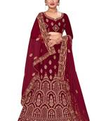 Maroon embroidered velvet semi stitched lehenga