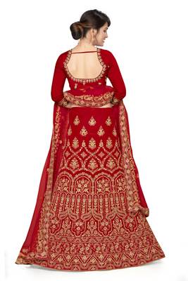 Red embroidered velvet semi stitched lehenga 3