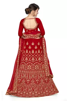 Red embroidered velvet semi stitched lehenga