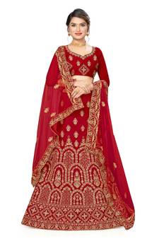 Red embroidered velvet semi stitched lehenga