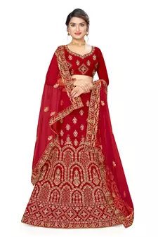 Red embroidered velvet semi stitched lehenga
