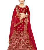 Red embroidered velvet semi stitched lehenga