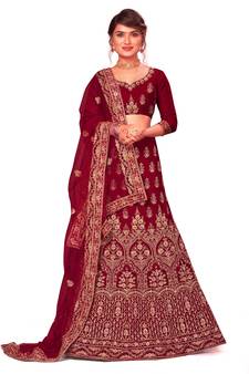 Maroon embroidered velvet semi stitched lehenga