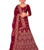 Maroon embroidered velvet semi stitched lehenga