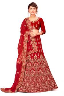 Red embroidered velvet semi stitched lehenga