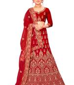 Red embroidered velvet semi stitched lehenga