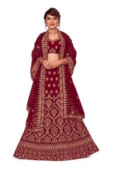 Maroon embroidered velvet semi stitched lehenga