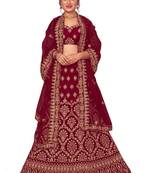 Maroon embroidered velvet semi stitched lehenga