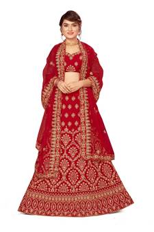 Red embroidered velvet semi stitched lehenga