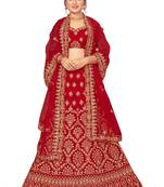 Red embroidered velvet semi stitched lehenga