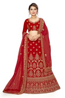 Red embroidered velvet semi stitched lehenga