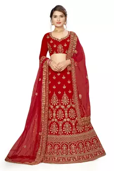 Red embroidered velvet semi stitched lehenga