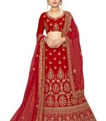 Red embroidered velvet semi stitched lehenga