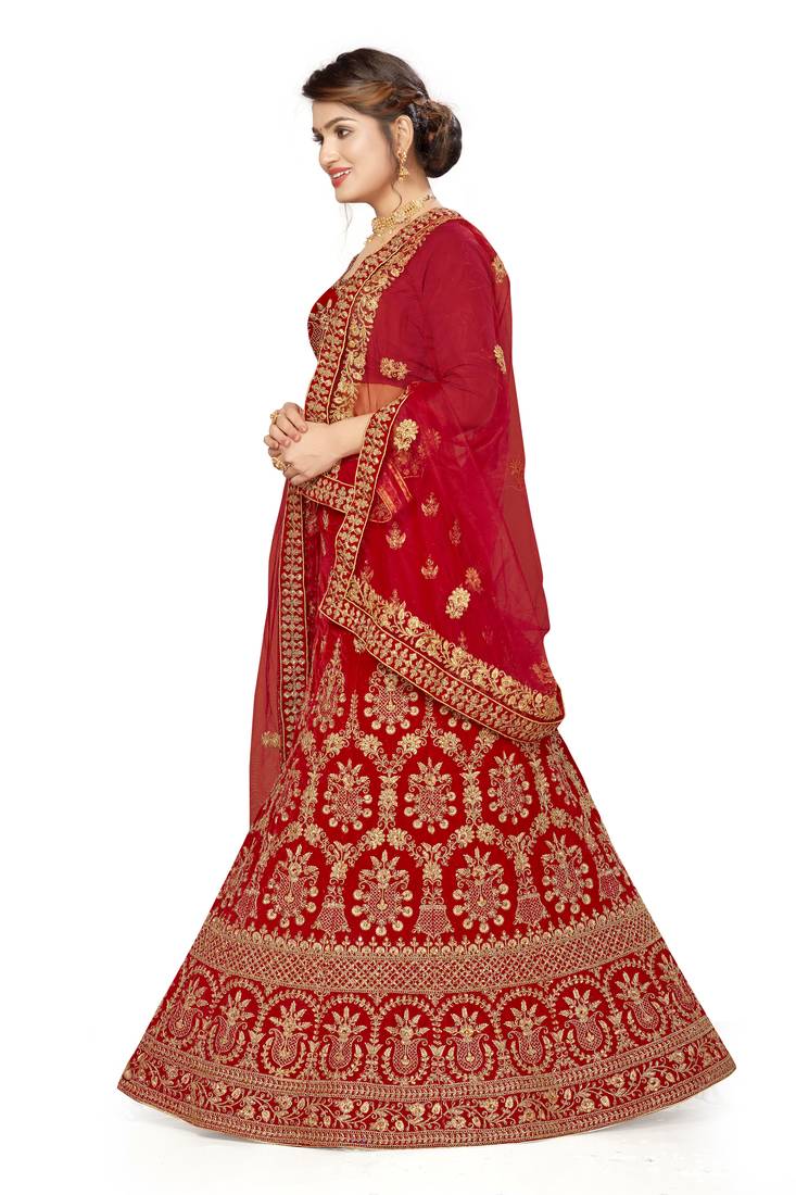 Red embroidered velvet semi stitched lehenga