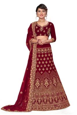 Maroon embroidered velvet semi stitched lehenga 1