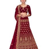 Maroon embroidered velvet semi stitched lehenga