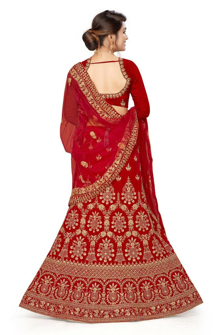 Red embroidered velvet semi stitched lehenga