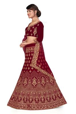 Maroon embroidered velvet semi stitched lehenga 2