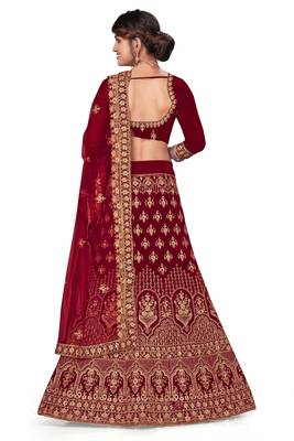 Maroon embroidered velvet semi stitched lehenga 3