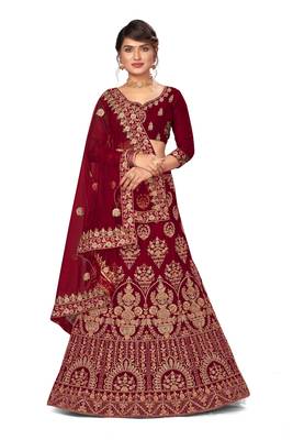 Maroon embroidered velvet semi stitched lehenga 1