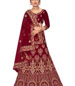 Maroon embroidered velvet semi stitched lehenga