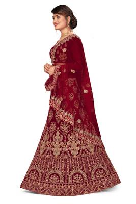 Maroon embroidered velvet semi stitched lehenga 2