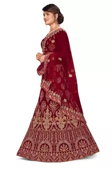 Maroon embroidered velvet semi stitched lehenga