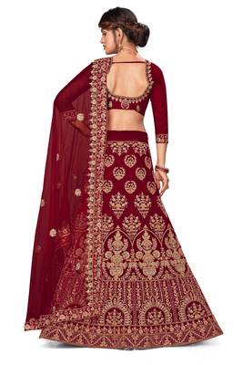 Maroon embroidered velvet semi stitched lehenga 3