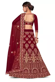 Maroon embroidered velvet semi stitched lehenga