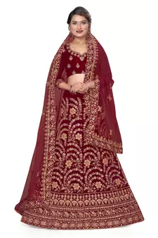 Maroon embroidered velvet semi stitched lehenga