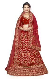 Red embroidered velvet semi stitched lehenga