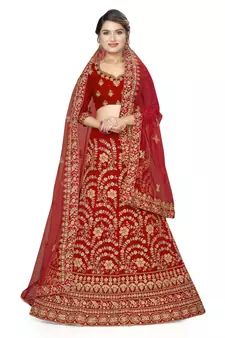 Red embroidered velvet semi stitched lehenga