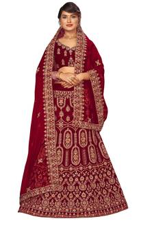 Maroon embroidered velvet semi stitched lehenga