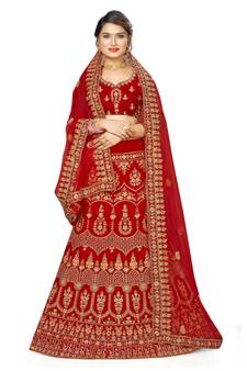 Red embroidered velvet semi stitched lehenga