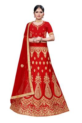 Red embroidered Art Silk semi stitched lehenga 1