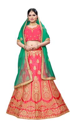 Pink embroidered
 silk semi stitched lehenga 1