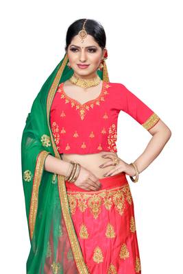 Pink embroidered
 silk semi stitched lehenga 4