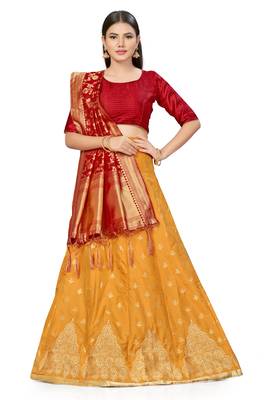 Orange woven silk semi stitched lehenga 1