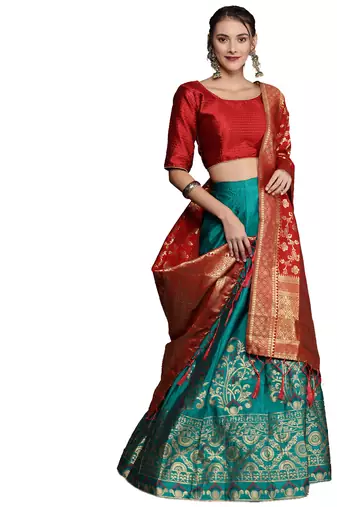 Green woven silk semi stitched lehenga