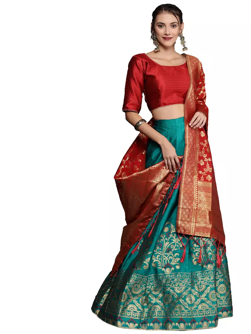 Green woven silk semi stitched lehenga