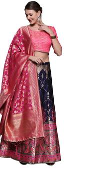 Navy-blue woven Art Silk semi stitched lehenga