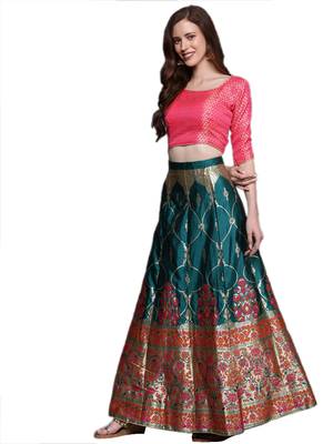 Green woven Art Silk semi stitched lehenga 3