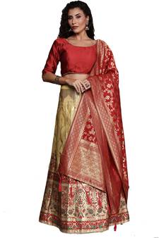 Beige woven Art Silk semi stitched lehenga