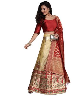 Beige woven Art Silk semi stitched lehenga 4
