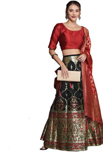 Black woven Art Silk semi stitched lehenga