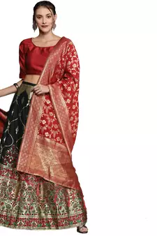 Black woven Art Silk semi stitched lehenga