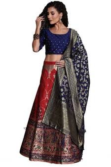 Red woven Art Silk semi stitched lehenga