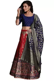 Red woven Art Silk semi stitched lehenga