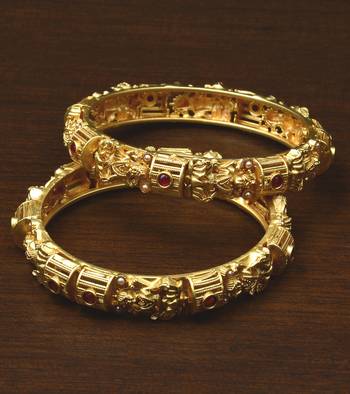 Matte Gold finish red stone embellished temple bangles 1